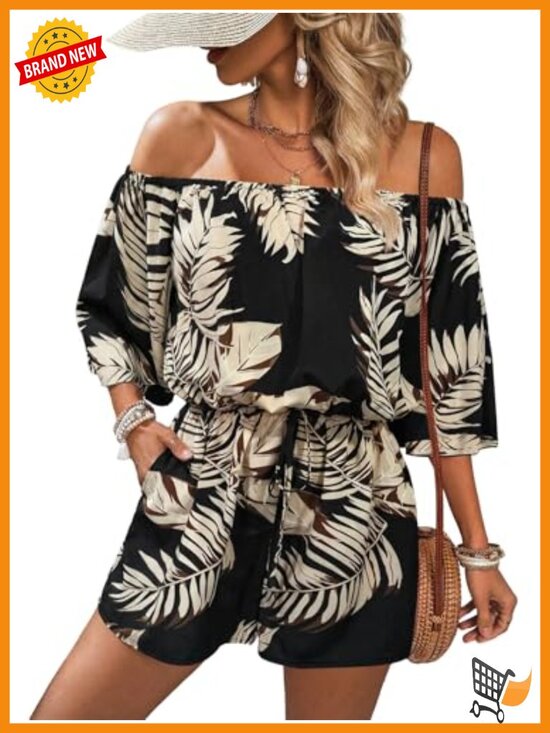 Pants - Off Shoulder Romper Flutter Sleeve Boho Short Jumpsuit Drawstring Waist
